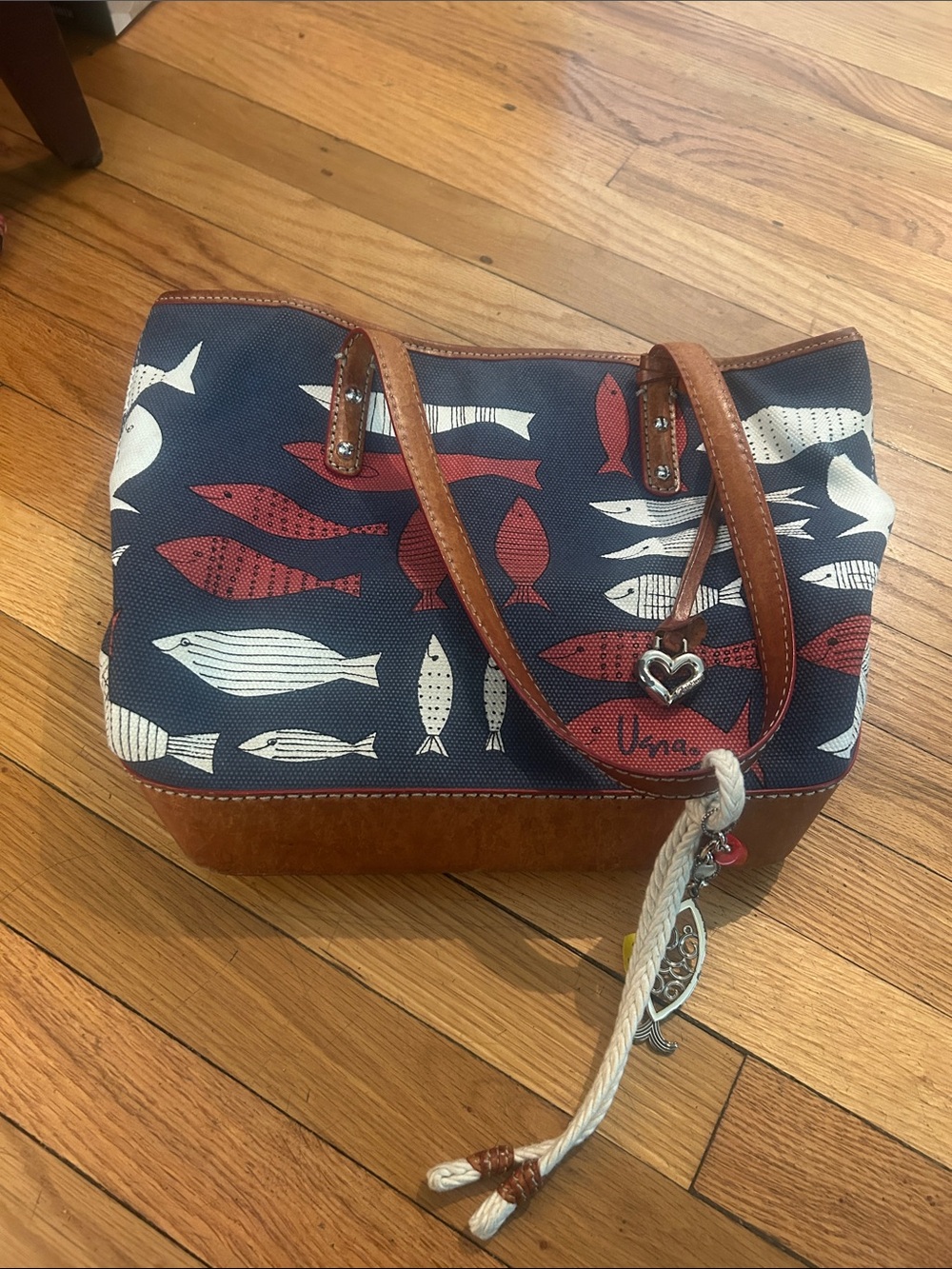 Y2K Brighton Navy Canvas Tote with Red and White Fish Print and Brown Trim